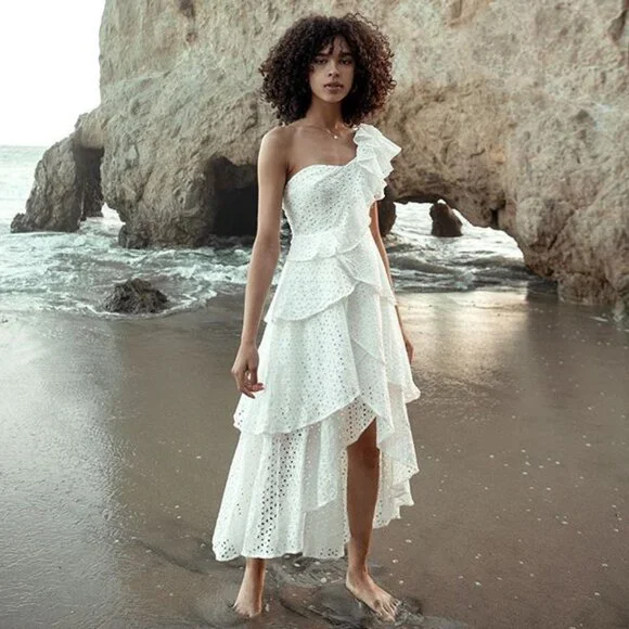 💋UBER GORGE!💋White Floral Crochet One Shoulder Ruffled Asymmetrical Dress - Picture 8 of 16